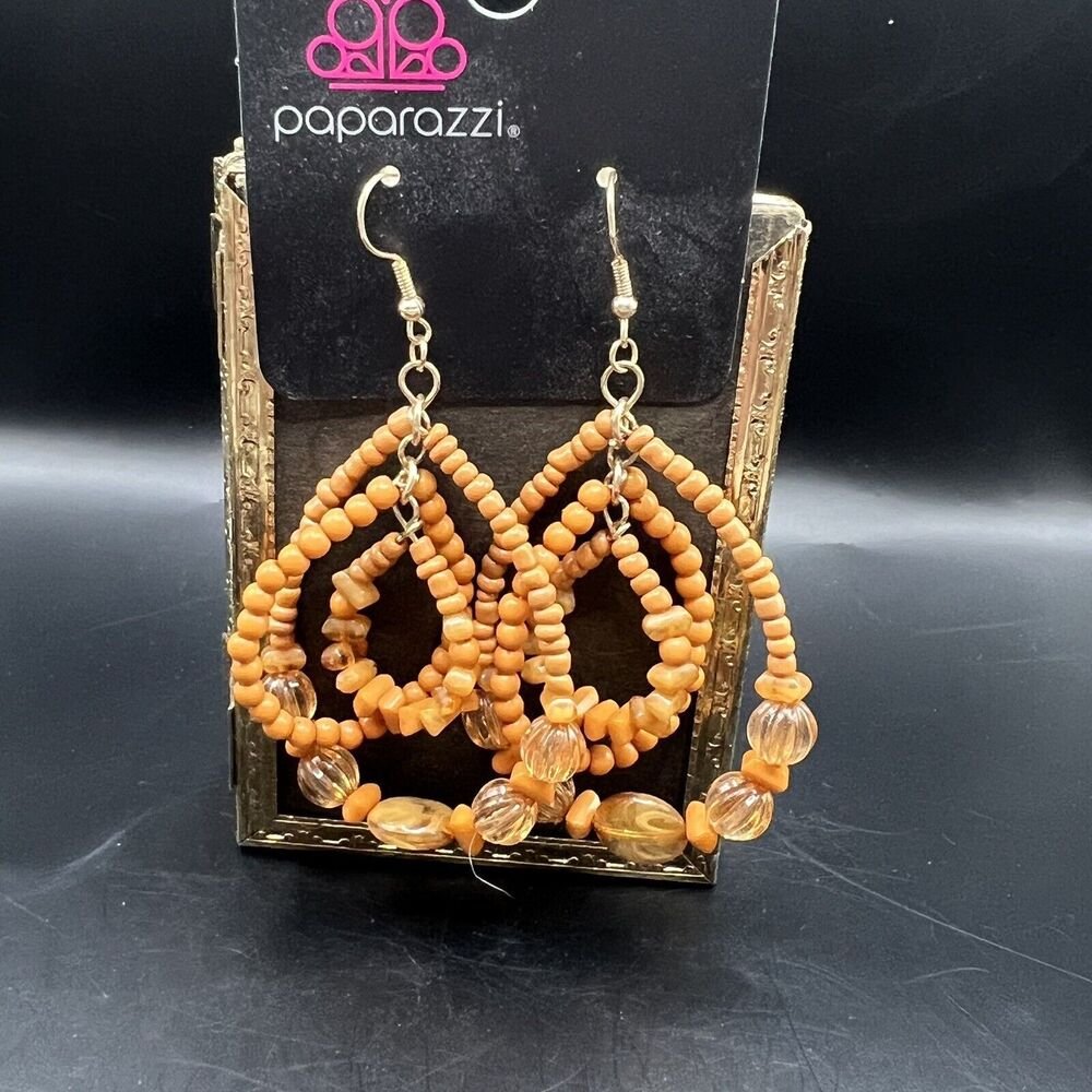 Paparazzi Jewelry Earrings Orange Dangle Drop Stacking Beads Hook Backing